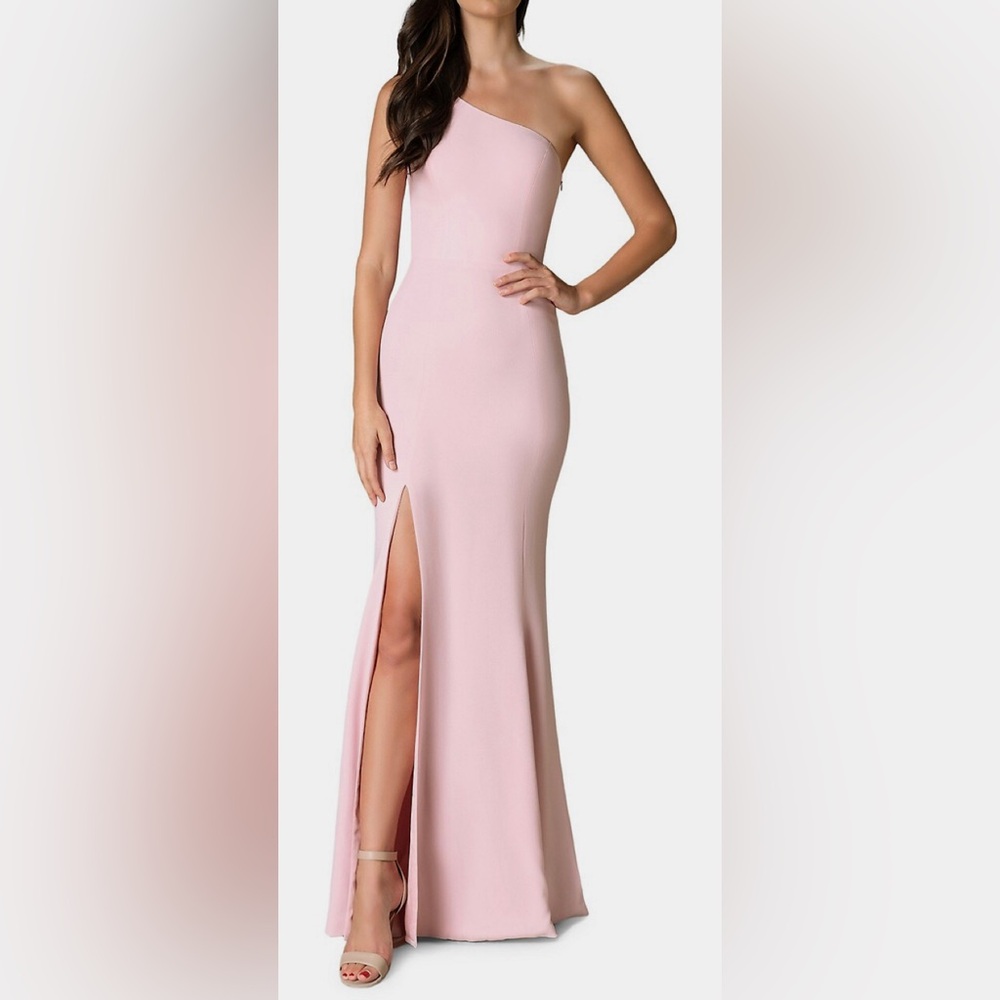 One-Shoulder Pink Evening Gown with Thigh Slit